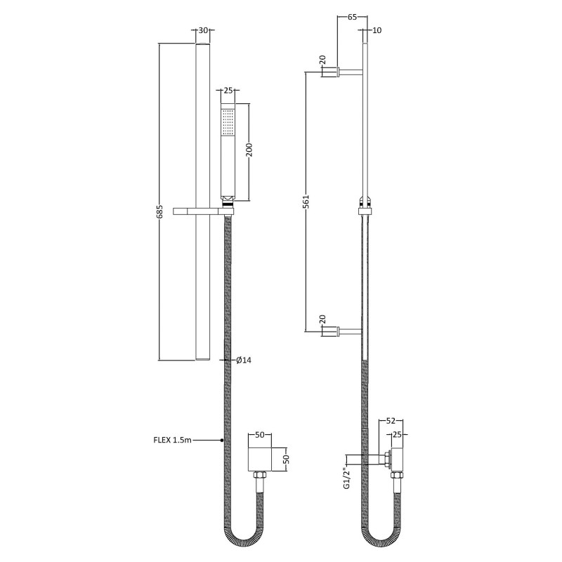 Black Square Slide Rail Kit - Technical Drawing