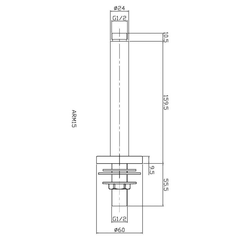 Matt Black Round Ceiling-Mounted Arm 150mm - Technical Drawing