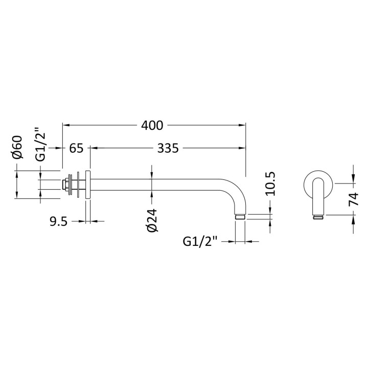 Matt Black Round Wall-Mounted Arm 335mm - Technical Drawing
