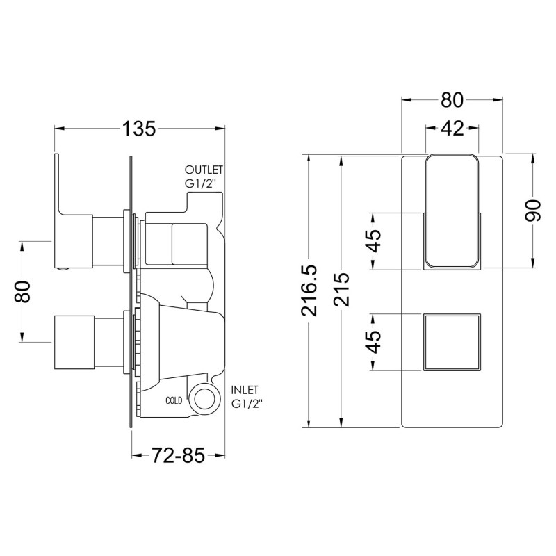 Windon Brushed Brass Twin Thermostatic Shower Valve - Technical Drawing