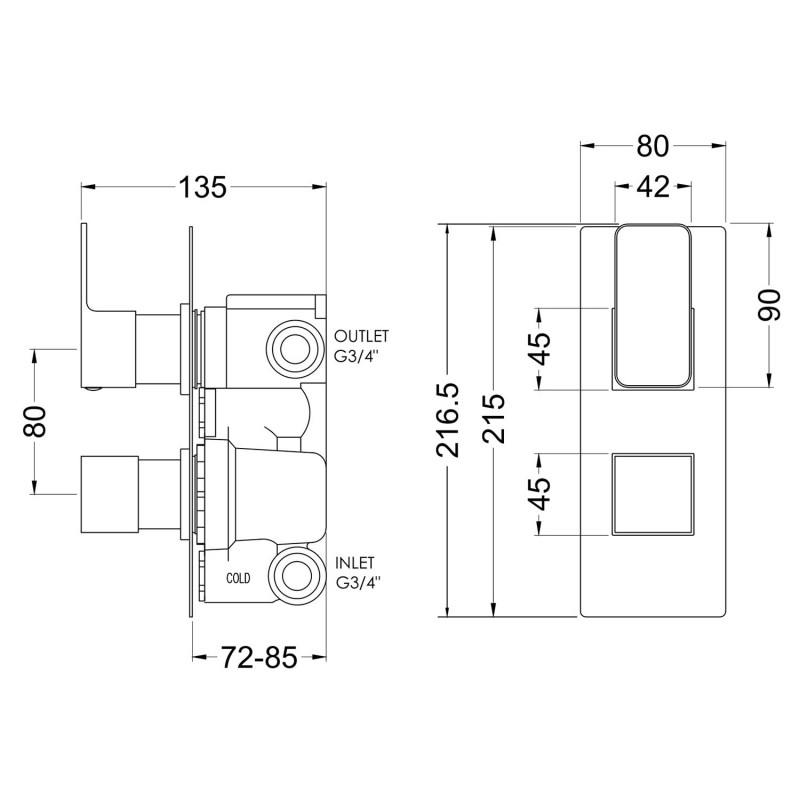 Windon Brushed Brass Twin Thermostatic Shower Valve With Diverter - Technical Drawing