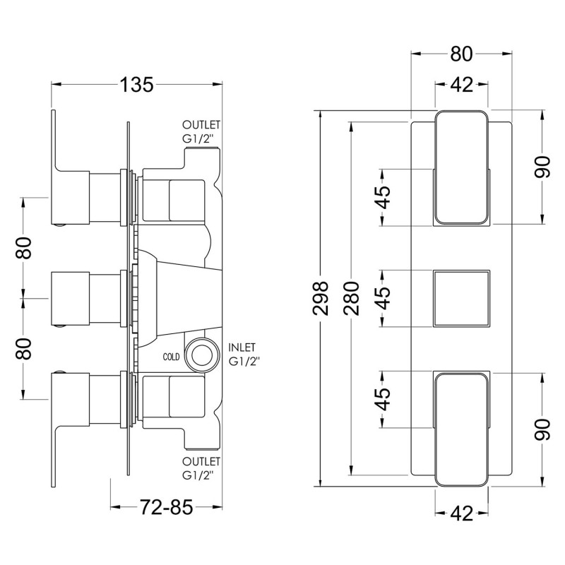 Windon Brushed Brass Dual Thermostatic Shower Valve - Technical Drawing