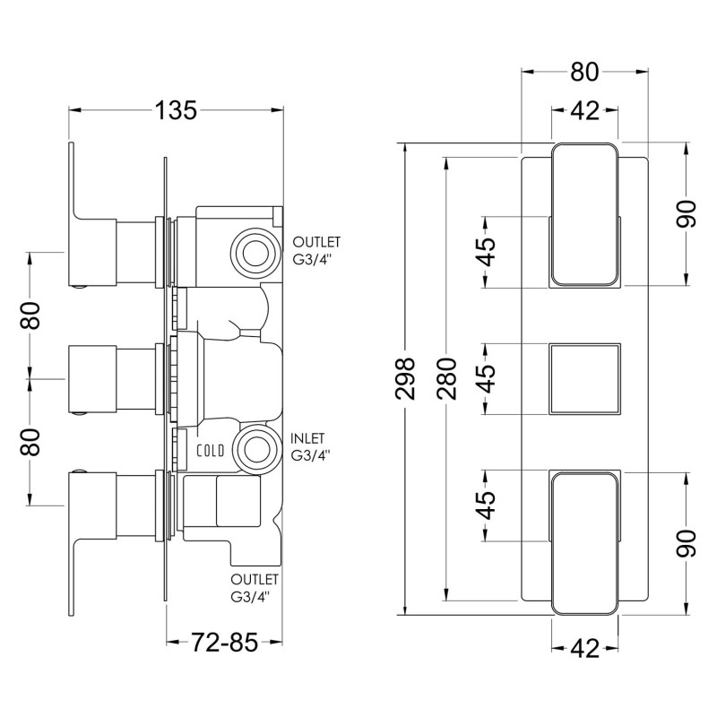 Windon Brushed Brass Triple Thermostatic Shower Valve With Diverter - Technical Drawing