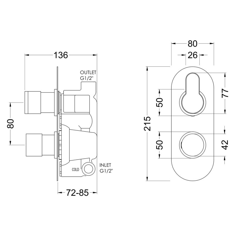 Arvan Brushed Brass Twin Thermostatic Shower Valve - Technical Drawing