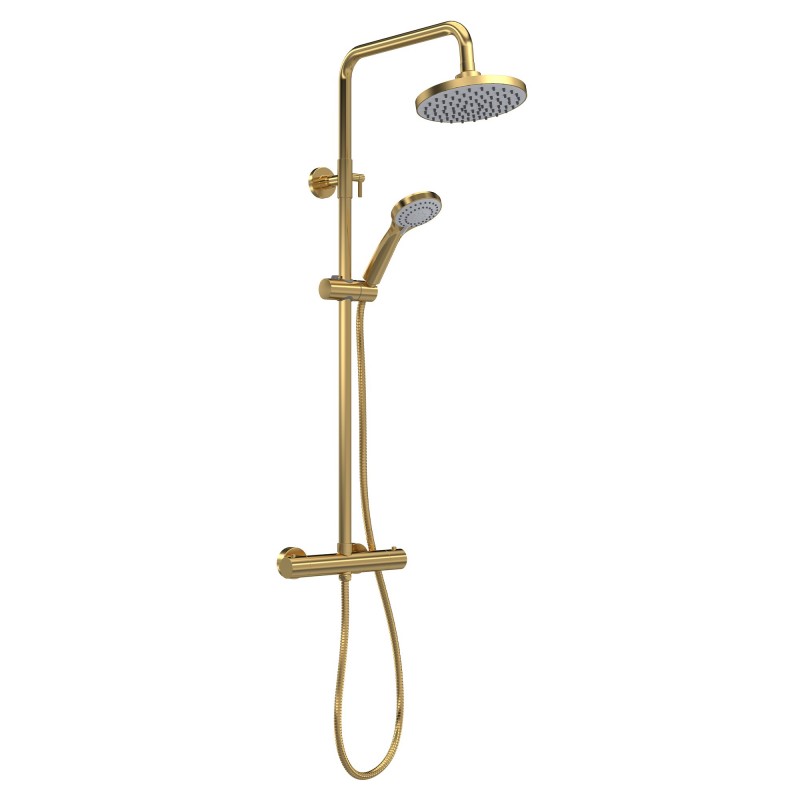 Round Brushed Brass Thermostatic Shower Column With Telescopic Slide Rail Kit & Hand Shower