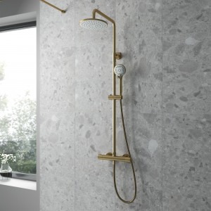 Round Brushed Brass Thermostatic Shower Column With Telescopic Slide Rail Kit & Hand Shower