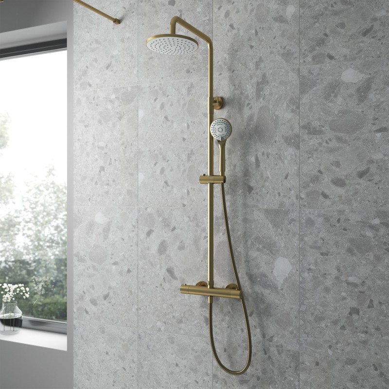 Round Brushed Brass Thermostatic Shower Column With Telescopic Slide Rail Kit & Hand Shower - Insitu