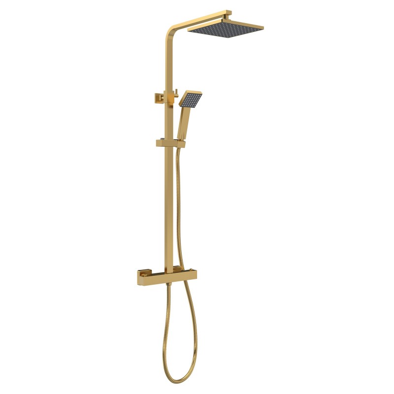 Square Brushed Brass Thermostatic Shower Column With Telescopic Slide Rail Kit & Hand Shower