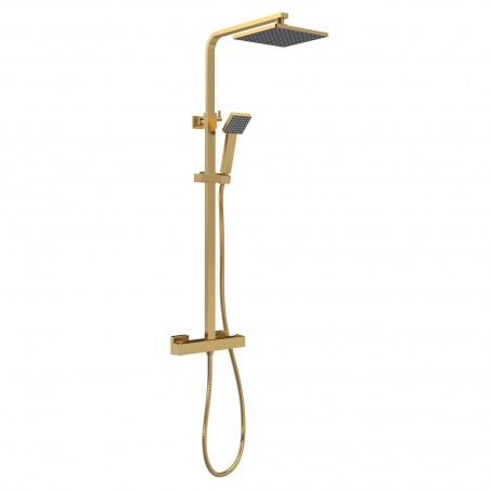 Square Brushed Brass Thermostatic Shower Column With Telescopic Slide Rail Kit & Hand Shower