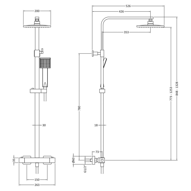 Square Brushed Brass Thermostatic Shower Column With Telescopic Slide Rail Kit & Hand Shower - Technical Drawing