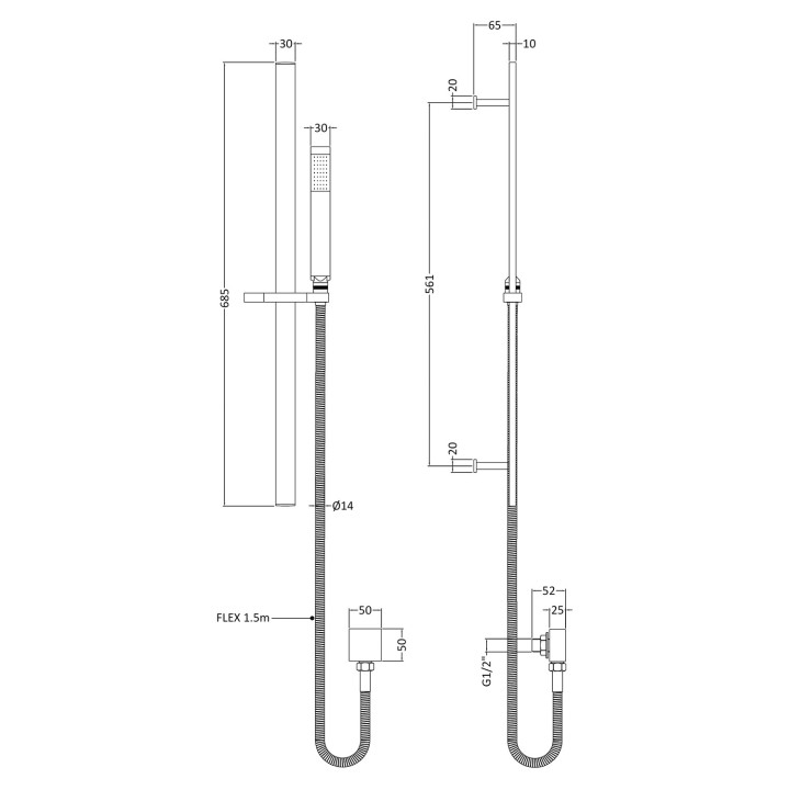 Brushed Brass Square Slide Rail Kit - Technical Drawing
