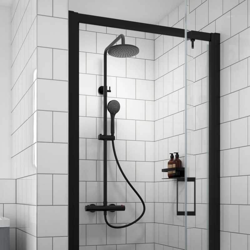 Round Matt Black Thermostatic Shower Column With Telescopic Slide Rail Kit & Hand Shower - Insitu