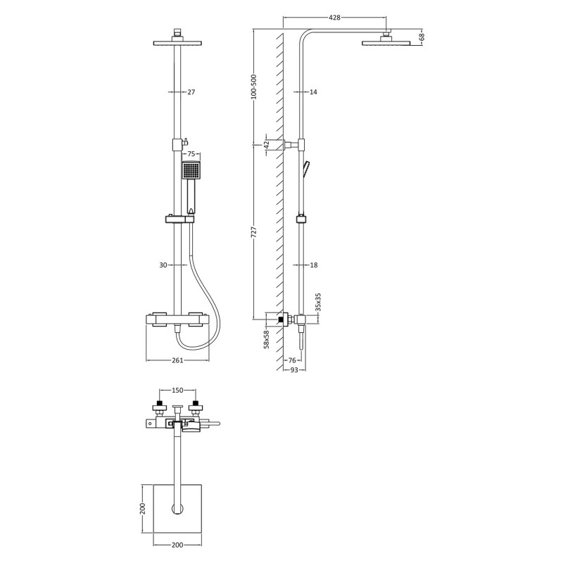 Square Thermostatic Bar Valve & Shower Kit - Brushed Pewter - Technical Drawing