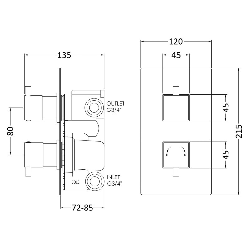 Minimalist Concealed Shower Valve with 2-Way Diverter Dual Handle - Technical Drawing