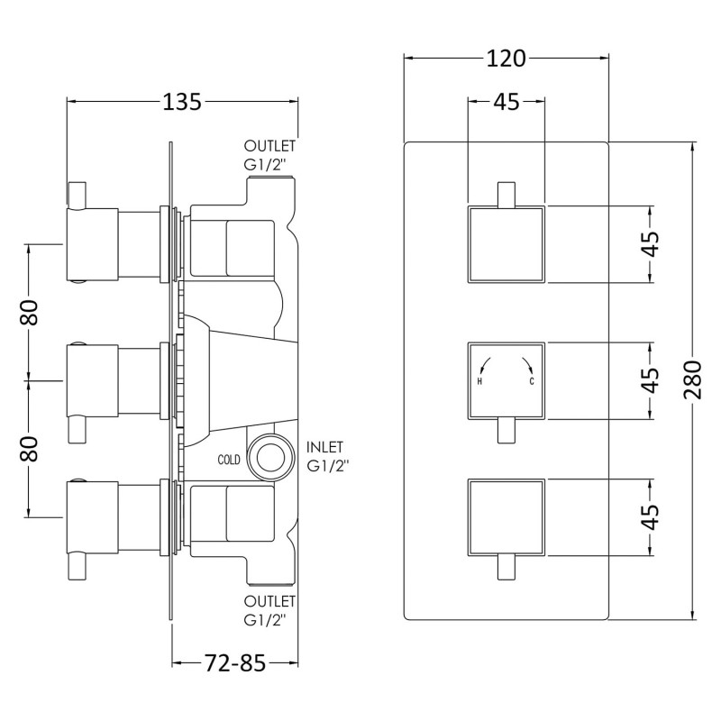 Series L Concealed Shower Valve Dual Handle - Technical Drawing