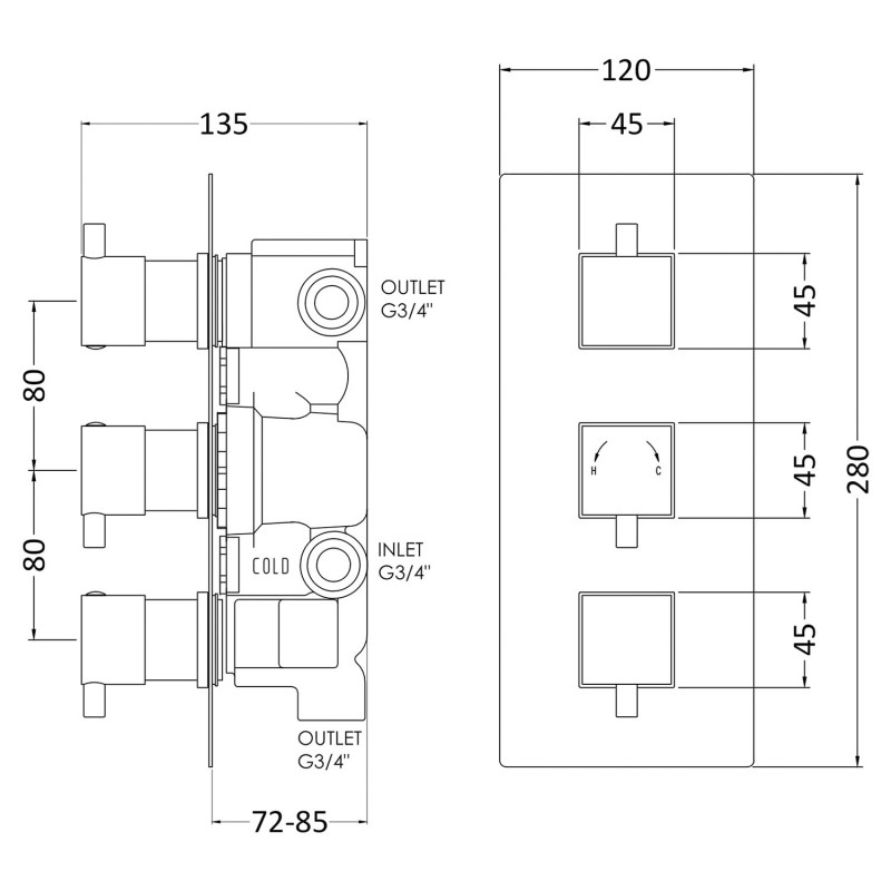 Volt Concealed Shower Valve Triple Handle with Diverter - Technical Drawing