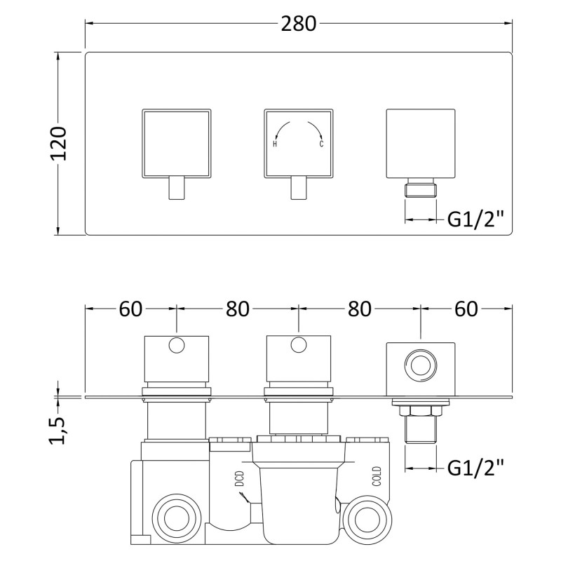 Volt Concealed Shower Valve With Diverter Dual Handle - Technical Drawing