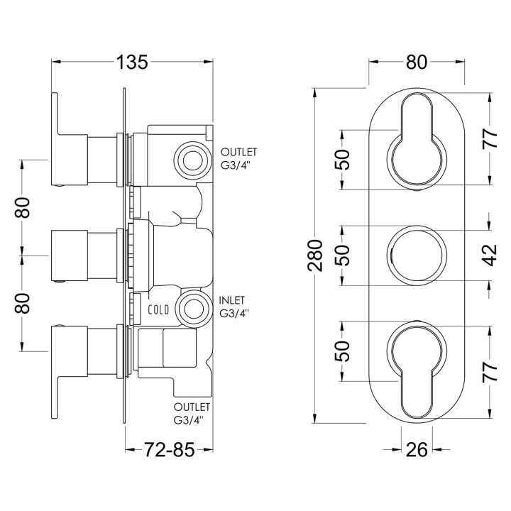 Arvan Triple Thermostatic Shower Valve With Diverter - Brushed Pewter - Technical Drawing