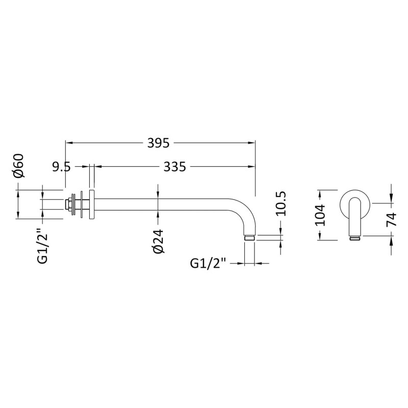 Wall-Mounted Square Shower Arm - Brushed Pewter - Technical Drawing