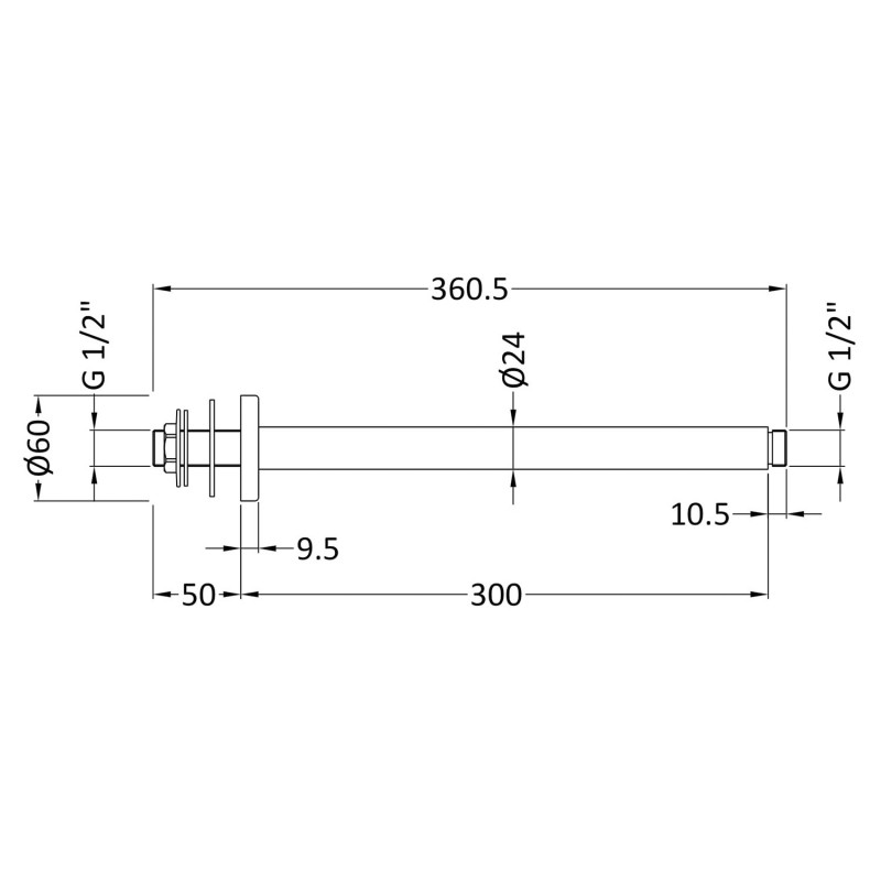 Ceiling-Mounted Shower Arm 300mm - Brushed Pewter - Technical Drawing