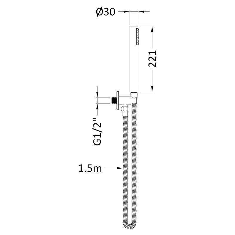 Round Outlet Elbow Parking Bracket Shower Hose and Handset - Brushed Pewter - Technical Drawing