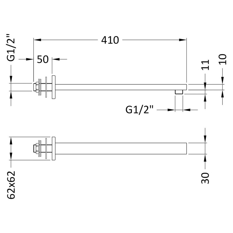 Wall-Mounted Square Shower Arm - Brushed Pewter - Technical Drawing