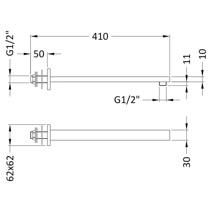 Wall-Mounted Square Shower Arm - Brushed Pewter - Technical Drawing