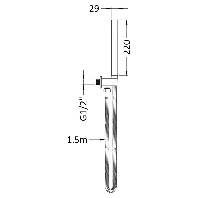 Square Outlet Elbow Parking Bracket Shower Hose and Handset - Brushed Pewter - Technical Drawing