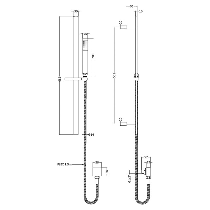 Sheer Rectangular Slider Rail Kit - Technical Drawing