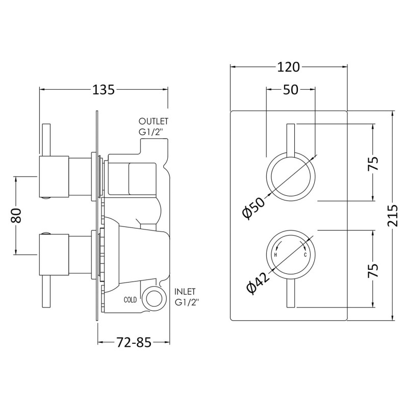 Quest Rectangular Concealed Shower Valve Dual Handle - Technical Drawing