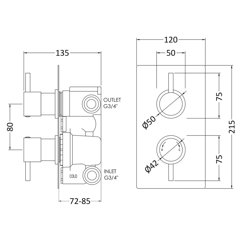 Quest Rectangular Concealed Shower Valve with Diverter Dual Handle - Technical Drawing