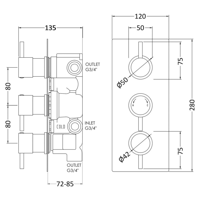 Quest Concealed Shower Valve With Diverter Triple Handle - Technical Drawing