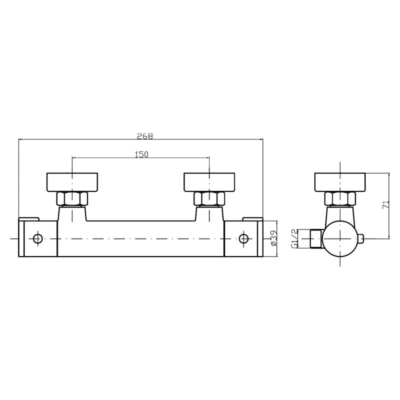 Minimalist Thermostatic Bar Shower Valve Bottom Outlet - Technical Drawing