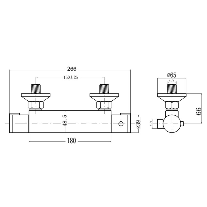 Thermostatic Bar Shower Valve Bottom Outlet - Technical Drawing