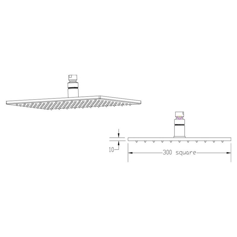 Chrome 300mm LED Square Fixed Shower Head - Technical Drawing