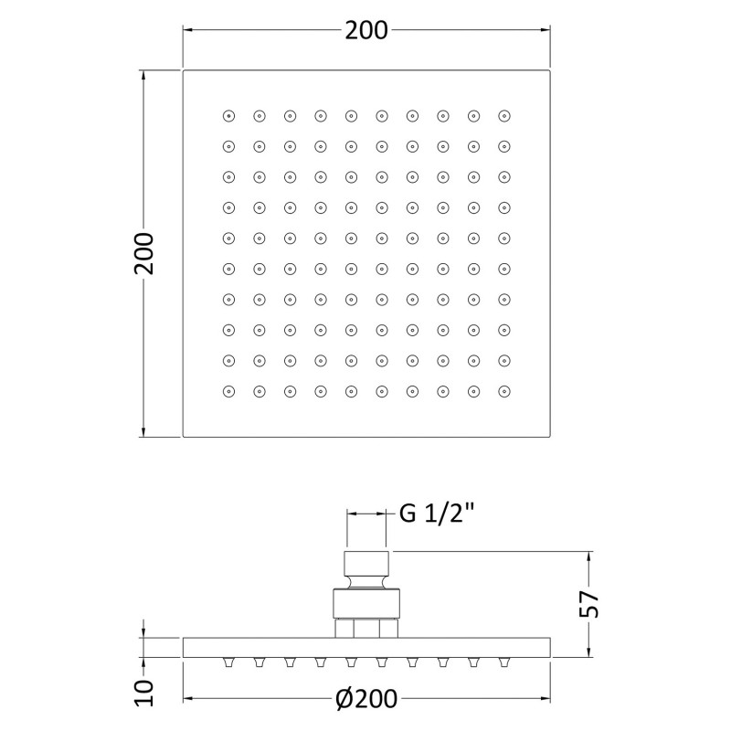 Chrome 200mm LED Square Fixed Shower Head - Technical Drawing