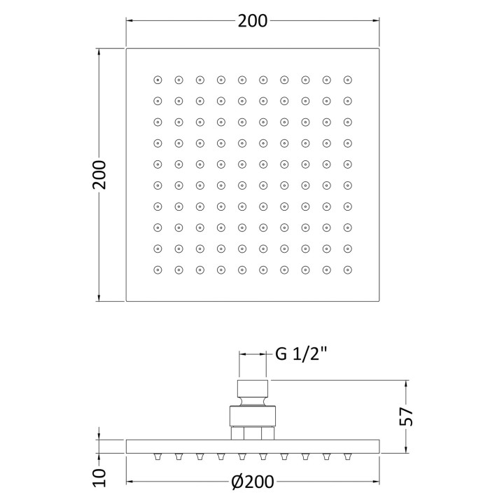 Chrome 200mm LED Square Fixed Shower Head - Technical Drawing