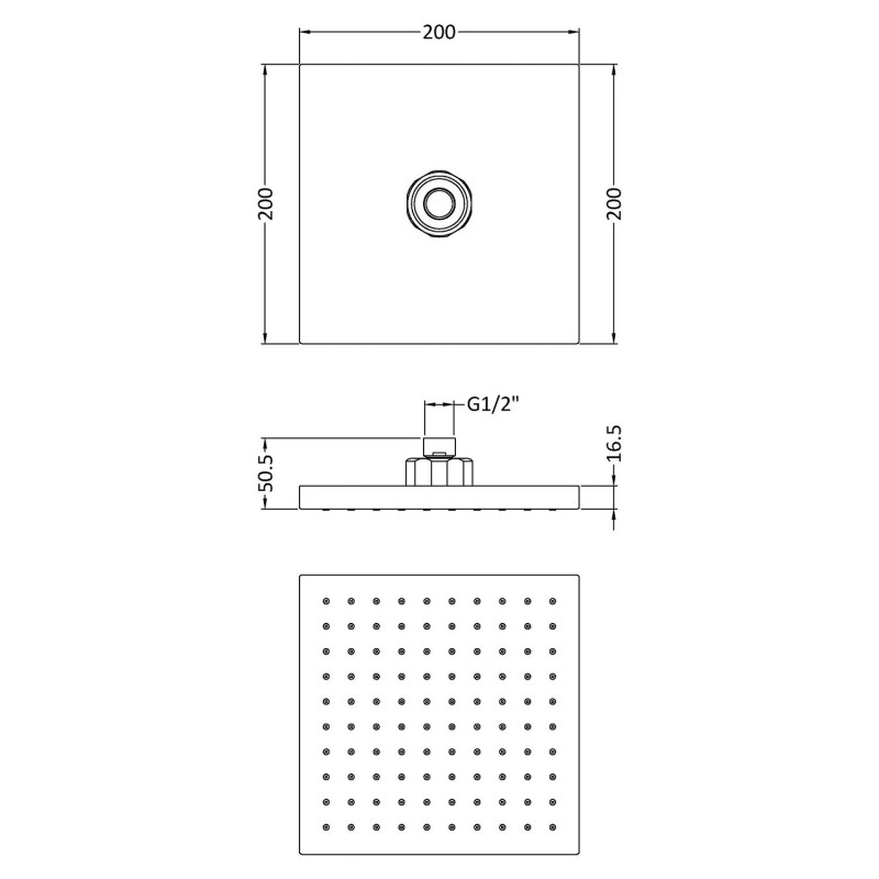 Chrome 200mm Square Fixed Shower Head - Technical Drawing