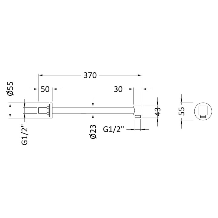 Chrome Contemporary Shower Head Wall-Mounting Arm 350mm - Technical Drawing