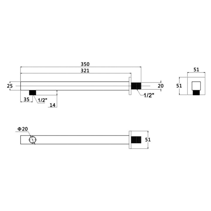 Chrome Square Shower Head Wall-Mounting Arm 350mm - Technical Drawing