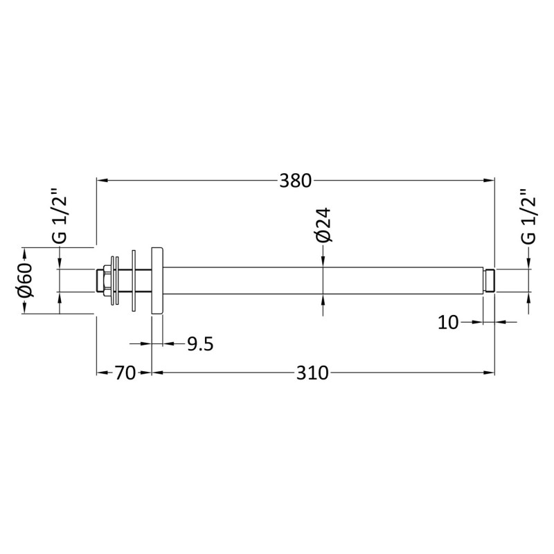 Chrome Round Shower Head Ceiling-Mounting Arm 300mm - Technical Drawing