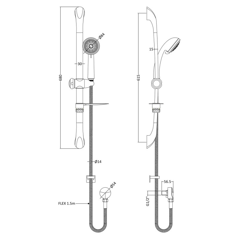 Luxury Curved Slide Rail Kit With Multi Function Handset And Elbow - Technical Drawing