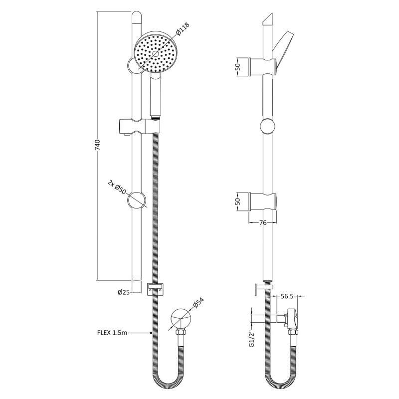 Slide Rail Kit With Single Function Handset - Technical Drawing