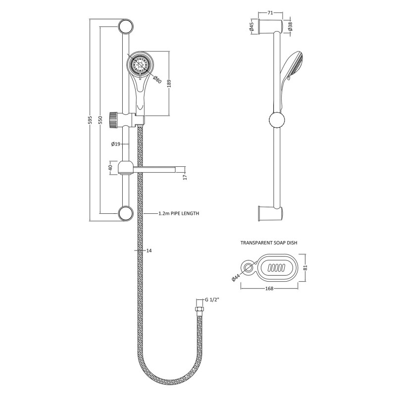 Round Multi-Function Shower Slide Rail Kit With Soap Dish - Technical Drawing