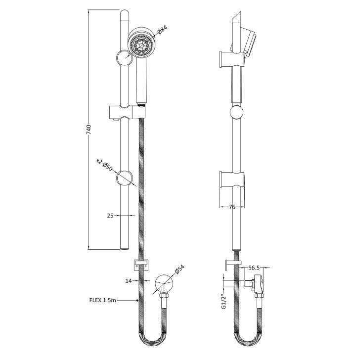 Round Single Function Shower Slide Rail Kit - Technical Drawing
