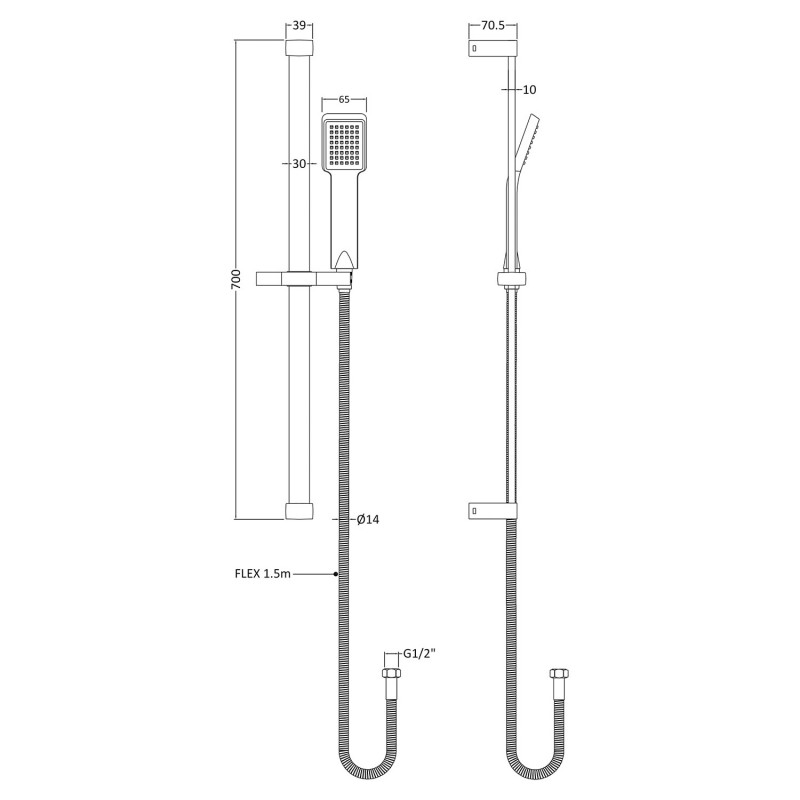 Rectangular Single Function Shower Slide Rail Kit - Technical Drawing