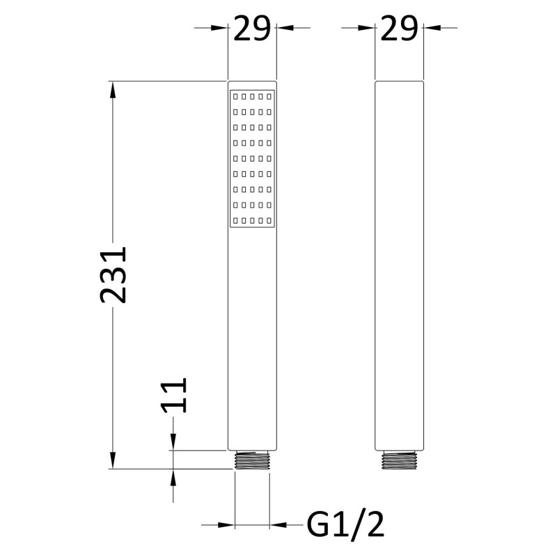 Square Matt Black Minimalist Handset - Technical Drawing