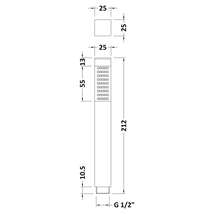 Chrome Square Brass Shower Handset - Technical Drawing