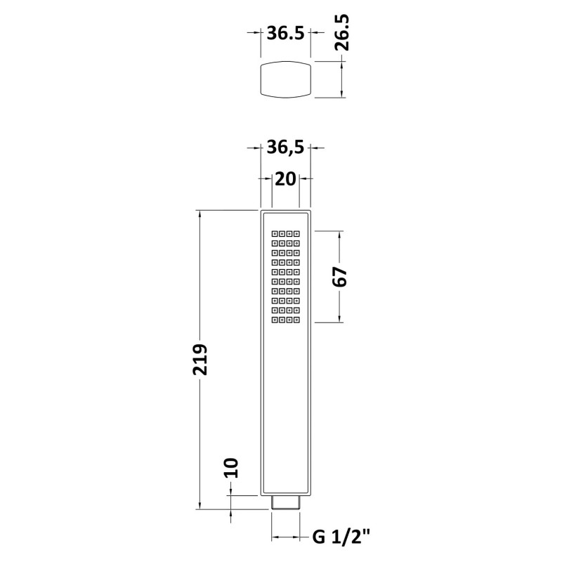 Rectangular Easy-Clean Shower Handset - Technical Drawing