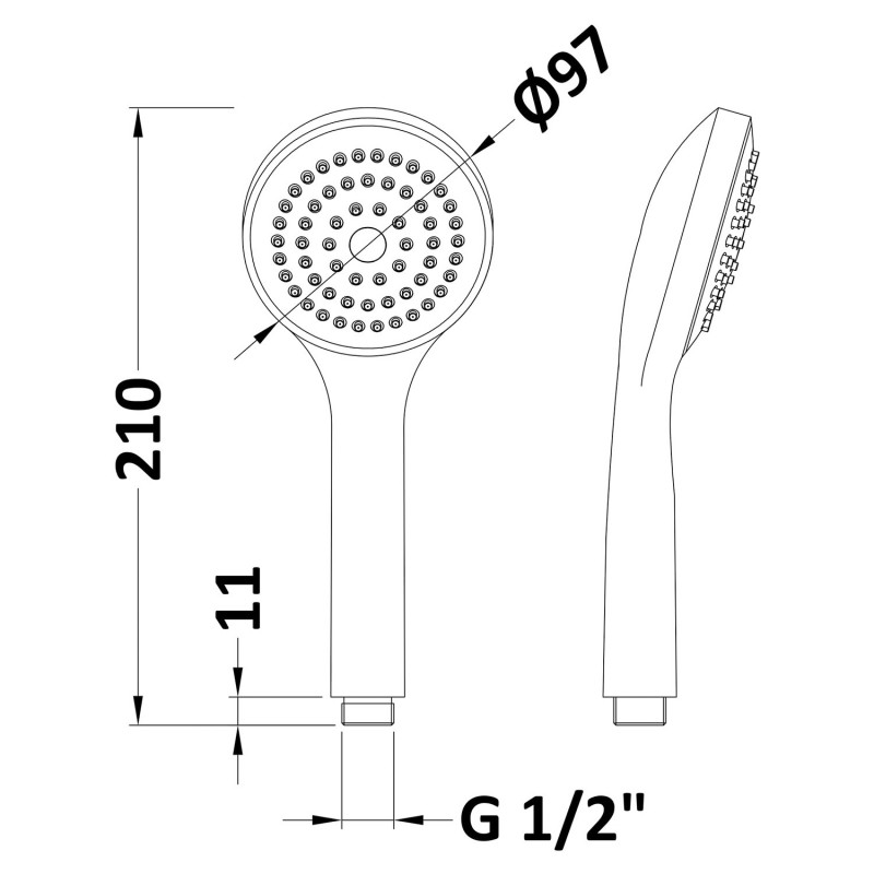 Easy-clean Shower Handset - Technical Drawing